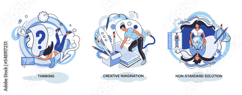 Creative thinking. People with different mental mindset types or model creative. Imaginative logical and structural thinking. MBTI person metaphor. Non standart solution. Brain think people solve idea