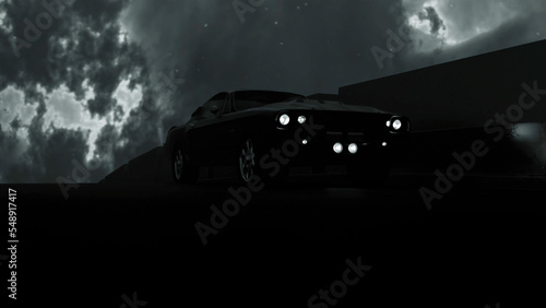 Gray backlight and blue. Design.Dark background with a fashionable foreign car created in animation with moving wheels and asphalt and clouds with light.