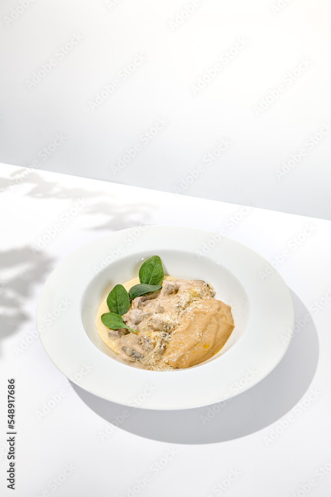 Traditional russian food - beef stroganoff with mushroom sauce and mashed potatoes. Beef stroganoff in white plate on light background with hard shadows. Stew meat with creamy sauce on summer menu. Traditional russian food - beef stroganoff with mushroom sauce and mashed potatoes. Beef stroganoff in white plate on light background with hard shadows. Stew meat with creamy sauce on summer menu.