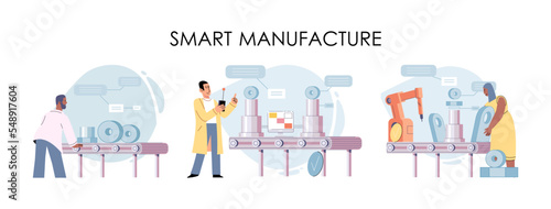 Smart manufacture, automation development metaphor. Innovative smart industry product design, manufacturing process, automated production line, delivery and distribution robots machinery industry 4.0