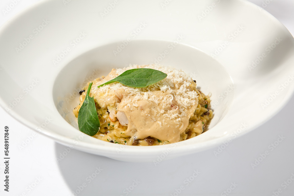 Italian food - mushrooms risotto with creamy espuma on light background. Mushroom risotto with cheese in summer menu Italian risotto with hard shadows from tree leaves. Trendy menu concept Italian food - mushrooms risotto with creamy espuma on light background. Mushroom risotto with cheese in summer menu Italian risotto with hard shadows from tree leaves. Trendy menu concept