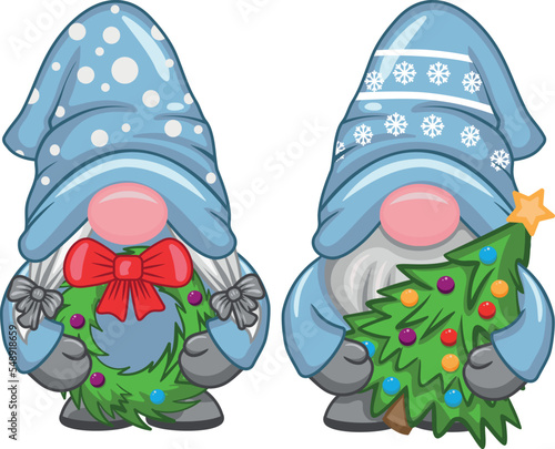 Christmas Gnomes With Gifts. Gnome boy and Gnome girl Isolated on white background. Christmas and Happy New Year clipart. Gnome with Christmas tree. Gnome with Christmas wreath