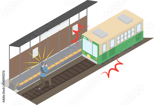 線路に立ち入り電車を撮影する迷惑な男性のアイソメイラスト