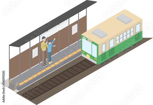 カメラを使って電車を撮影する親子のアイソメイラスト
