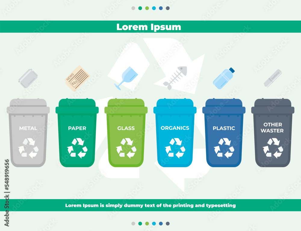 Cartoon icon with green blue and grey garbage bin. Reuse reduce recycle ...