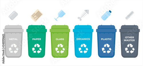 Cartoon icon with green blue grey garbage bin on white background. Reuse reduce recycle symbol.