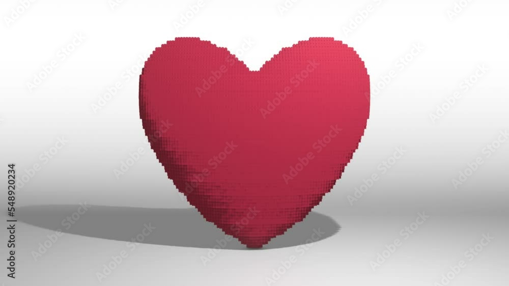 Pinkish red heart shape made of blocks being built on a white surface - 3D render animation Pinkish red heart shape made of blocks being built on a white surface - 3D render animation