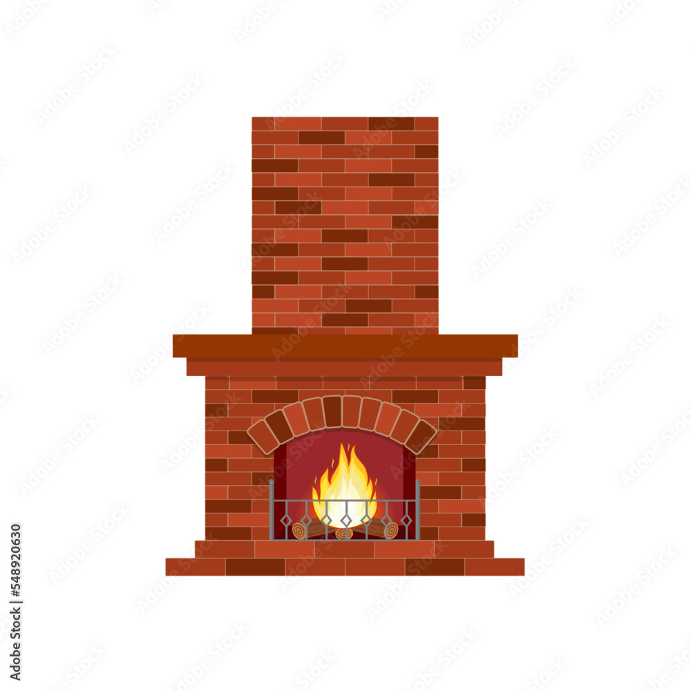 warm fireplace flame bright winter Christmas decoration interior. illustration in a flat style