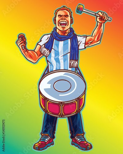 Male Argentina Football Supporter Playing Drum photo