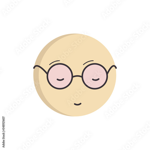 A round yellow emoji with closed eyes wearing black-rimmed glasses and pink lenses with a smiley face. Minimalism vector illustration isolated on white background.