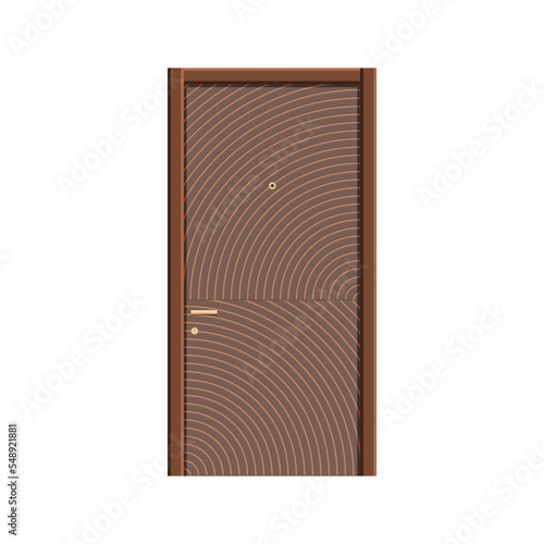 The entrance door is light brown in color with twisted linear patterns, the handle and eye are golden. Vector illustration isolated on white background.