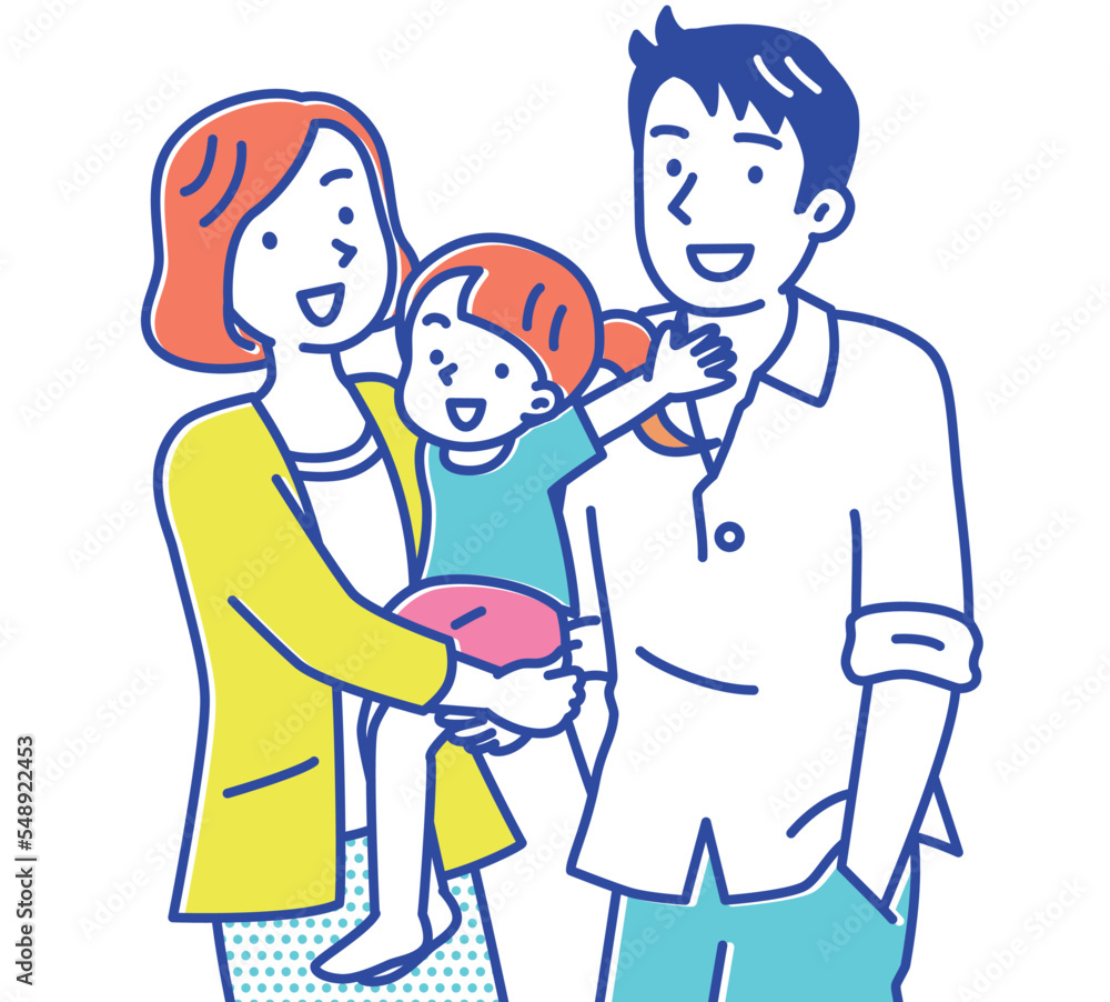 子どもを抱っこするお母さんと3人家族のイメージ