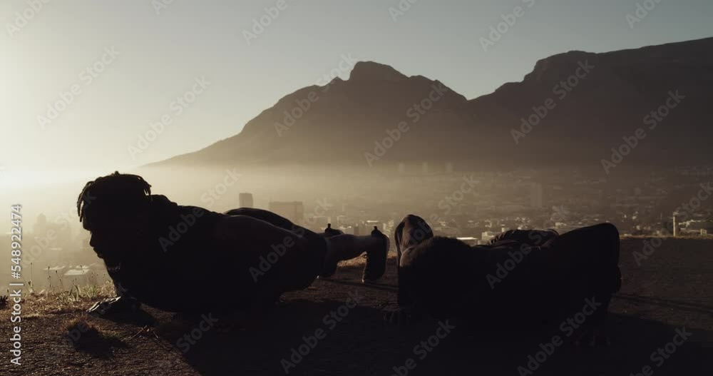 Men, push ups or sunset fitness on mountain road workout, training or exercise in strong body, muscle growth or health wellness. Sports athlete, friends or personal trainer in abs silhouette coaching