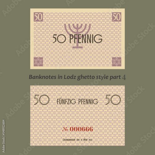Vector set of banknotes in Lodz city ghetto style. The inscriptions in German mean fifty pfennig, the city of Litzmannstadt on March 15, 1940. Part 4