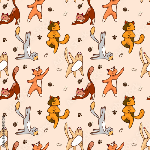 Cats practice yoga seamless pattern. Print for pet shops, packaging paper, textiles, scrubbooking, etc.