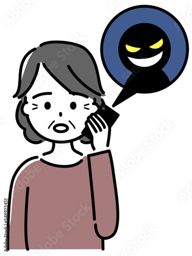 詐欺の電話をうける高齢女性（上半身）