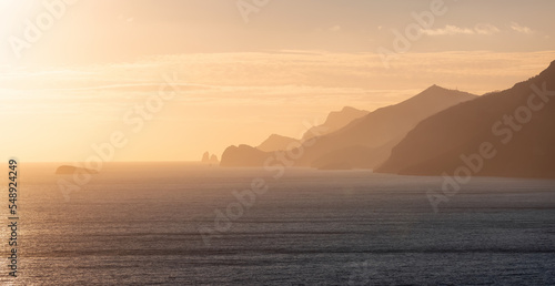 Rocky Cliffs and Mountain Landscape by the Tyrrhenian Sea. Amalfi Coast, Italy. Nature Background. Sunset Sky