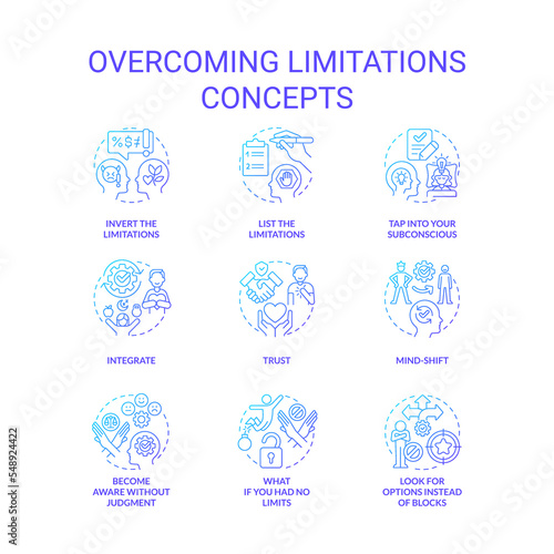 Overcoming limitations blue gradient concept icons set. Mindset change. Breaking inner blocks idea thin line color illustrations. Isolated symbols. Roboto-Medium, Myriad Pro-Bold fonts used