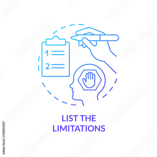 List limitations blue gradient concept icon. Self development. Removing personal barrier tip abstract idea thin line illustration. Isolated outline drawing. Myriad Pro-Bold font used