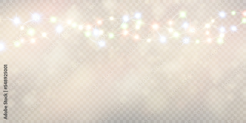 Obraz premium Christmas lights isolated on transparent background. Set of golden Christmas glowing garlands with sparks. For congratulations, invitations and advertising design. Vector 