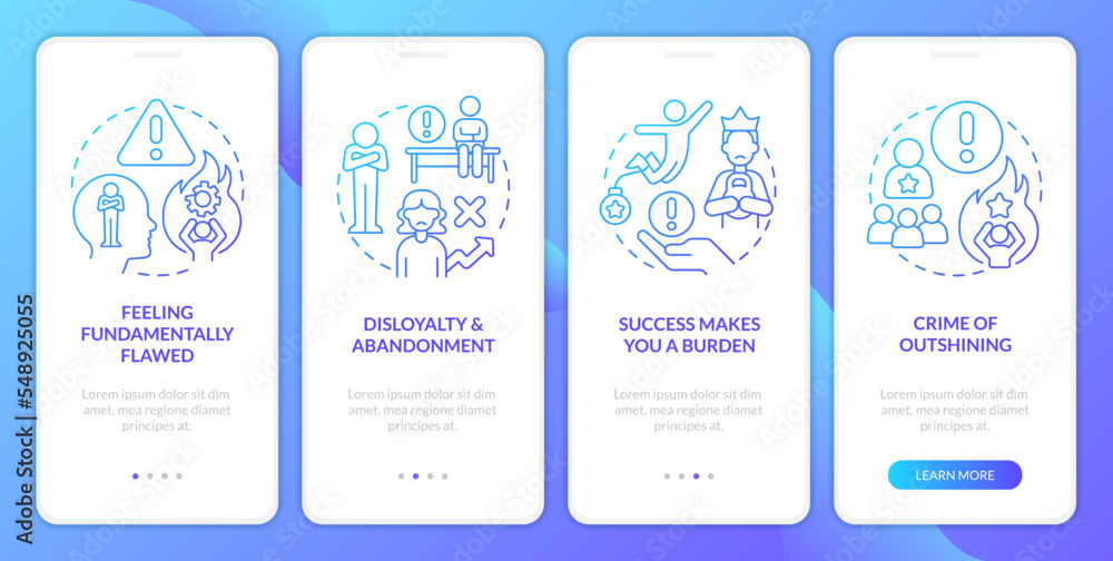 Hidden personal limitations blue gradient onboarding mobile app screen. Walkthrough 4 steps graphic instructions with linear concepts. UI, UX, GUI template. Myriad Pro-Bold, Regular fonts used