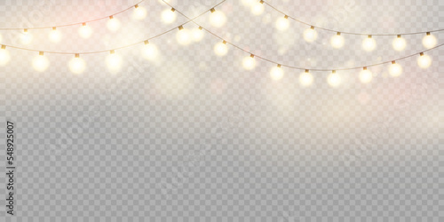 Christmas lights isolated on transparent background. Set of golden Christmas glowing garlands with sparks. For congratulations, invitations and advertising design. Vector	
