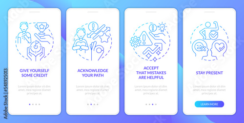 Ways to deal with imposter syndrome blue gradient onboarding mobile app screen. Walkthrough 4 steps graphic instructions with linear concepts. UI, UX, GUI template. Myriad Pro-Bold, Regular fonts used