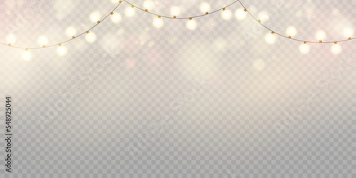 Christmas lights isolated on transparent background. Set of golden Christmas glowing garlands with sparks. For congratulations, invitations and advertising design. Vector	
