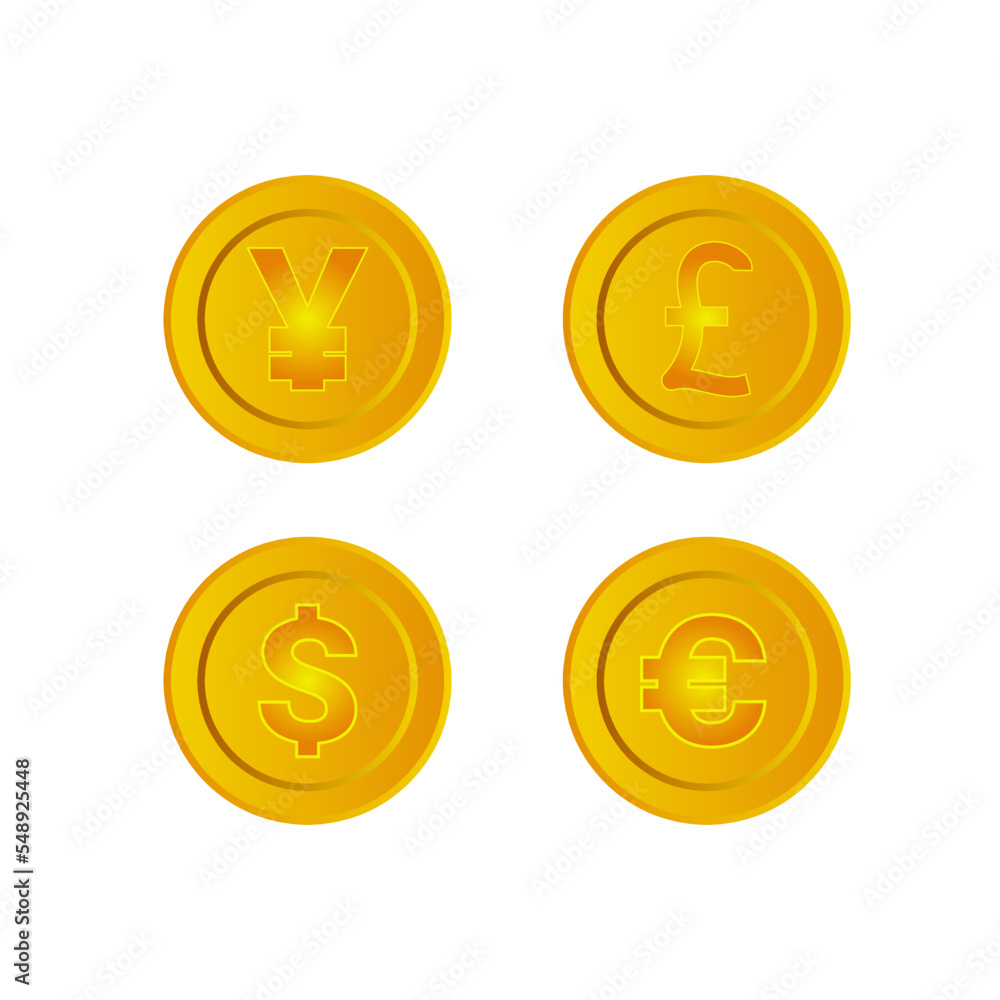 Set of the currency golden finance coin icons isolated. White background. Set of the currency golden finance coin icons isolated. White background.