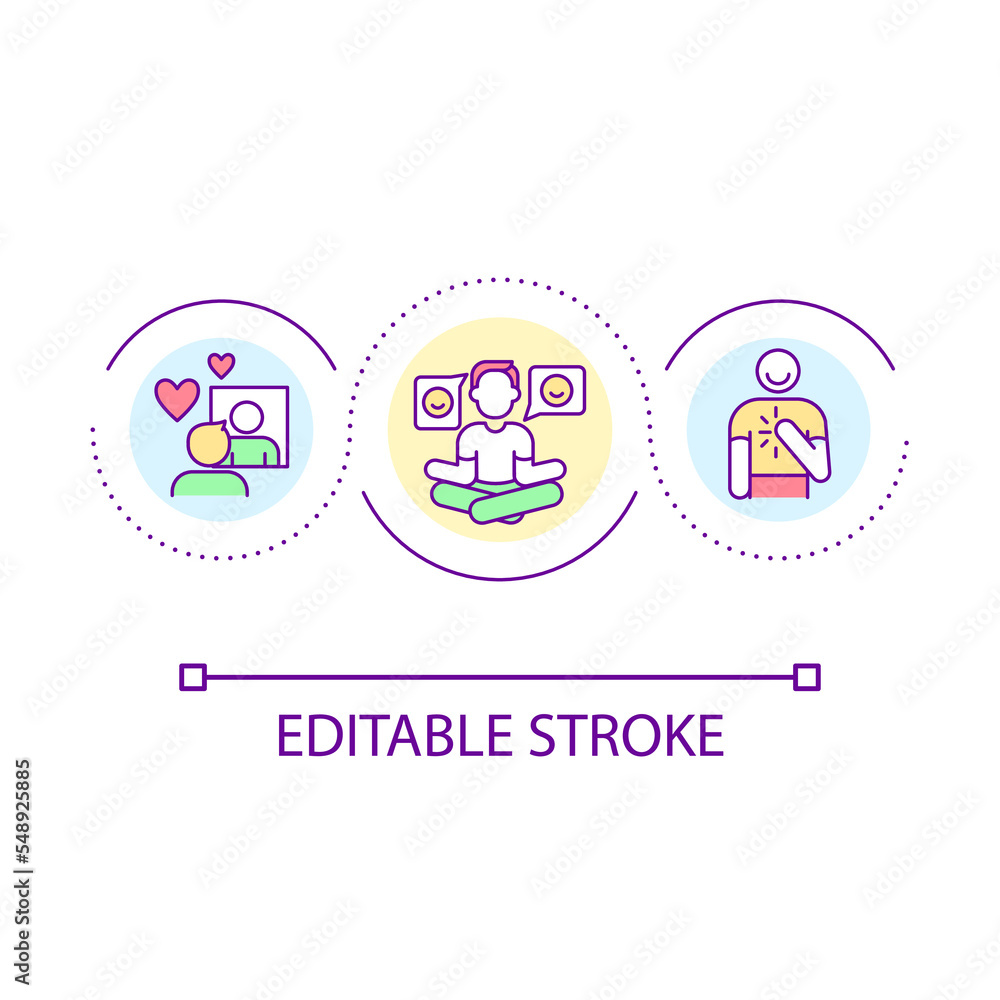 Self love loop concept icon. Mental health care. Personal harmony. Mind wellness. Life satisfaction abstract idea thin line illustration. Isolated outline drawing. Editable stroke. Arial font used Self love loop concept icon. Mental health care. Personal harmony. Mind wellness. Life satisfaction abstract idea thin line illustration. Isolated outline drawing. Editable stroke. Arial font used