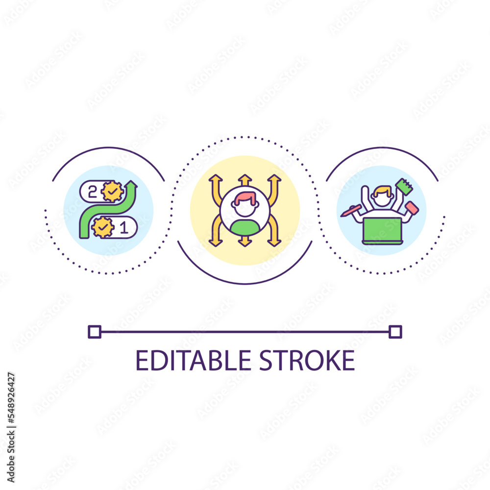 Multitasking skills loop concept icon. High performance. Productive workflow. Self management abstract idea thin line illustration. Isolated outline drawing. Editable stroke. Arial font used Multitasking skills loop concept icon. High performance. Productive workflow. Self management abstract idea thin line illustration. Isolated outline drawing. Editable stroke. Arial font used