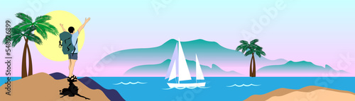 Travelers go on the map along the scenic tourist route. Volumetric map with a laid route. Vector illustration.