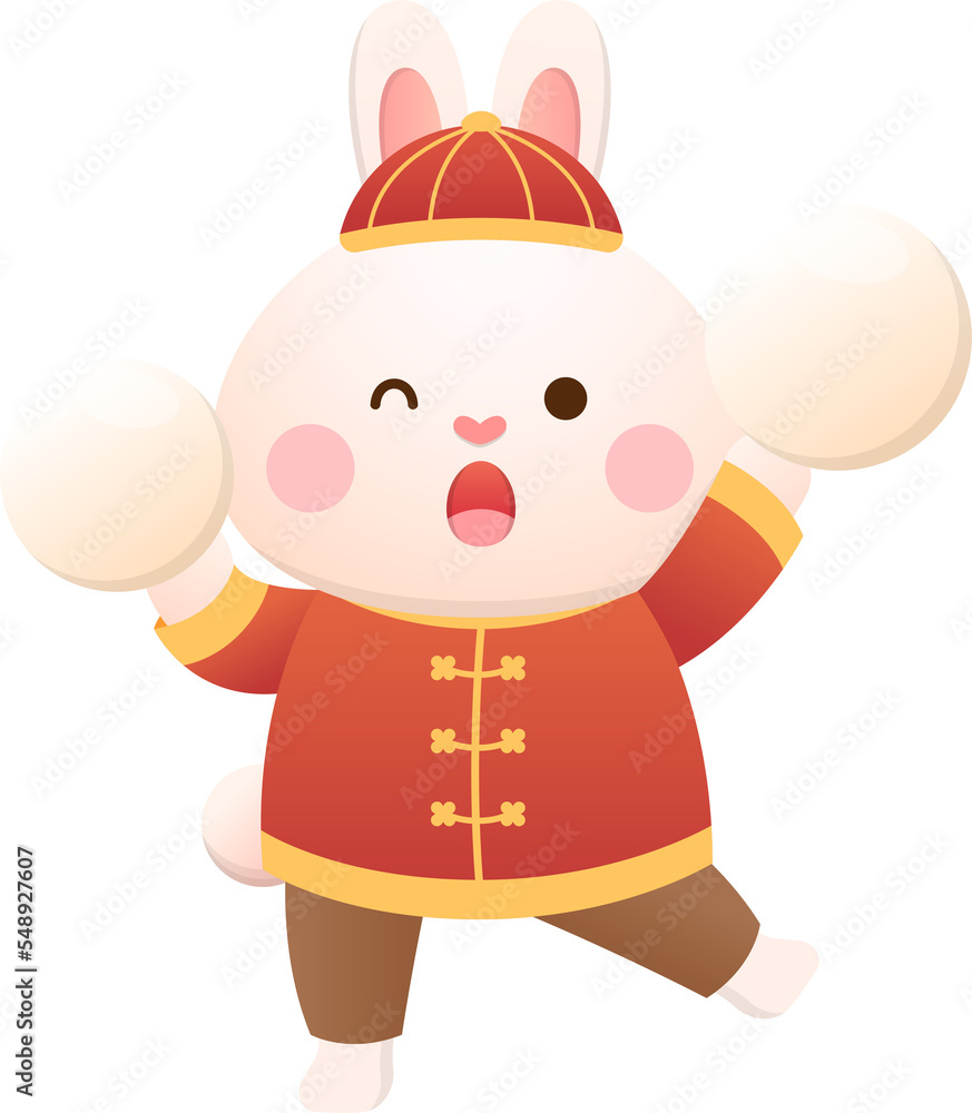 Cute rabbit character or mascot with glutinous rice balls, Lantern Festival or Winter Solstice, delicious glutinous rice sweet food in Asia, playful and cute cartoon style