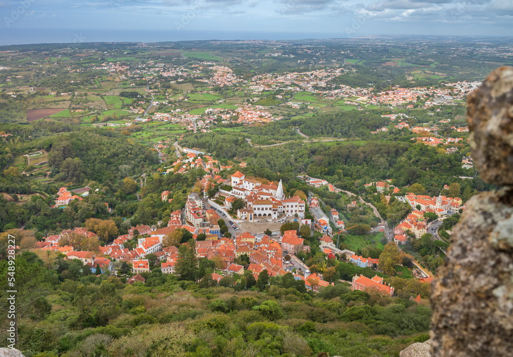 Aerial view from the castle to Palace of Sintra (Palacio Nacional de Sintra) in Sintra, Portugal.
