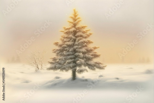 Lonely Tree in the Snow, Golden Glow, Generated Art © Barak Almog