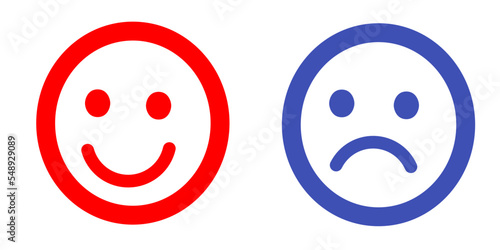 Set of smiley emoticons isolated on white background. Emoticon line icon. Happy and unhappy smiles. Emoji sets. Green and red colors. Vector illustration