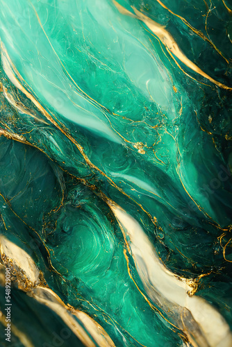 Abstract marble textured background. Fluid art modern wallpaper. Marbe gold and green	