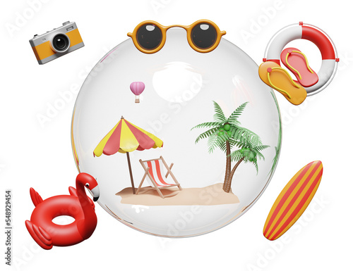 summer travel with island, umbrella, coconut tree, Inflatable flamingo in glass ball isolated. concept 3d illustration or 3d render
