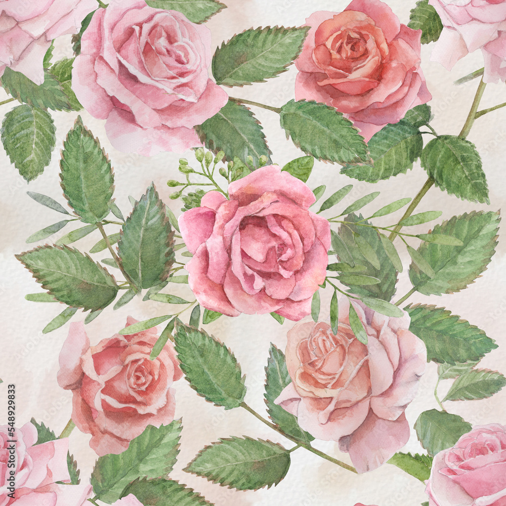 Seamless pattern with roses in watercolor.