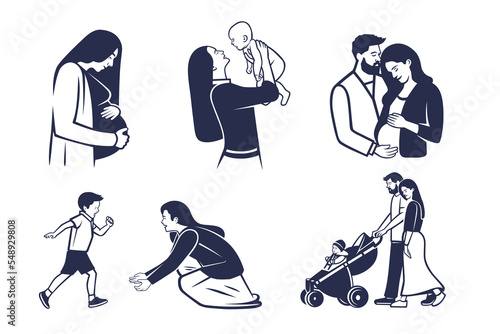 Collection of illustrations on the theme of motherhood, fatherhood, childhood.