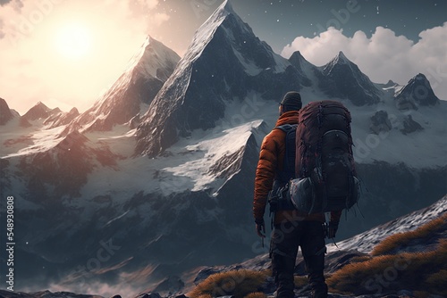 Illustration about climber looking at distant mountains. Made by AI.