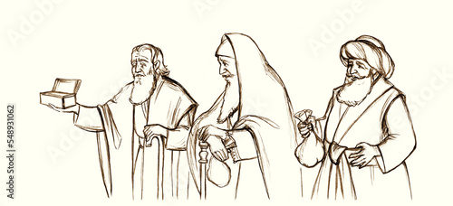 Photo Pencil drawing. Wise men brought gifts to Jesus