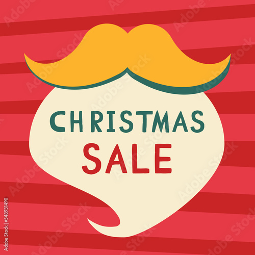 Christmas Sale - banner with free copy space design. Xmas sale. Santa Claus hipster character white beard on red background as message poster. New Year celebration advertising, season special offer.