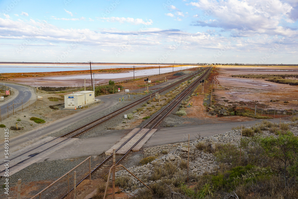 View of the salt train tracks from top of hill. Port Hedland.