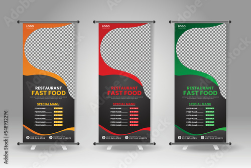 food menu roll-up banner design, roll-up banner, x banner, vertical ad roll-up food banner,menu, food, Fast food, burger, dinner, healthy, pizza, roll up, dish, template