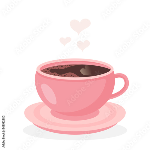 Pink cup of coffee with saucer and hearts steam. Hot drink isolated on white background.