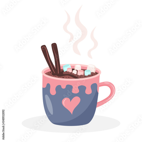 Coffee mug with heart ornament, steam, marshmallows and cinnamon. Cute hot drink isolated on white background.