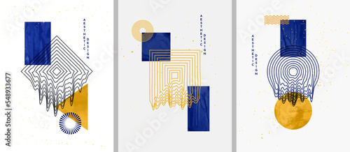 Vector illustration. Abstract contemporary art aesthetic backgrounds. Design for poster, cover, magazine, layout Blue, gold watercolor paints. Melted shapes pattern. Modern retro style