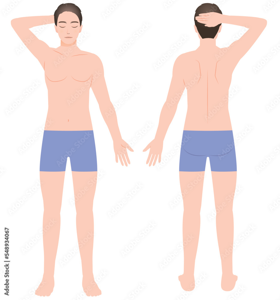 男性の片腕を上げた全身図 正面と背面 イラスト 脱毛/エステ/ダイエット 男性の片腕を上げた全身図 正面と背面 イラスト 脱毛/エステ/ダイエット