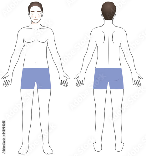 男性の全身図 正面と背面  黒線画 イラスト 脱毛/エステ/ダイエット